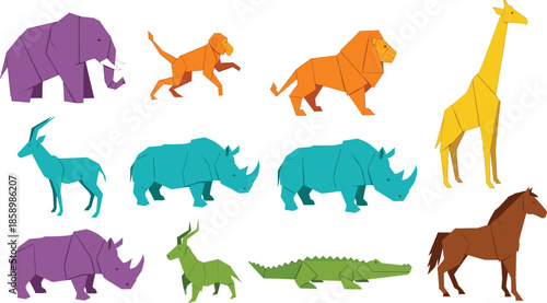 Colorful origami animal vector set featuring elephant lion giraffe rhino monkey crocodile and horse in geometric paper fold style isolated on white background.