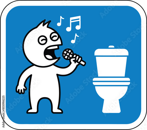 Cartoon character singing into a microphone next to a toilet, depicting bathroom karaoke.