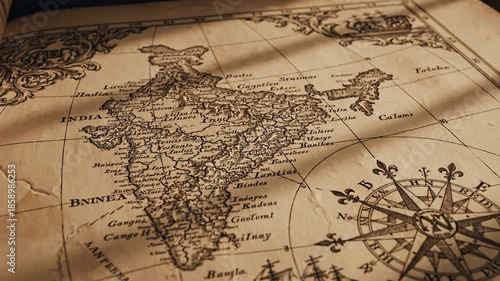 Vintage map of India. Map showing India. Map outline India. Old world map. Sepia-toned illustration. Geographic map. Country borders. Historical map style. Brown parchment texture. Detailed map.
