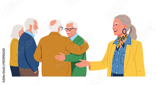 Happy senior citizens meeting and greeting. Group of elderly people socializing, men hugging, and an old woman offering a handshake. Active seniors community concept.