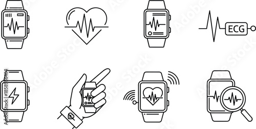 Smartwatch Health Monitoring Icon Set Featuring ECG Heart Rate Tracking, Pulse Diagnostic Sensors, Medical Wearable Technology, And Fitness Analytics Line Art