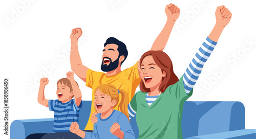 Excited family cheering on sofa vector illustration. Happy parents and children celebrating victory while watching TV together. Joyful group raising hands in living room.