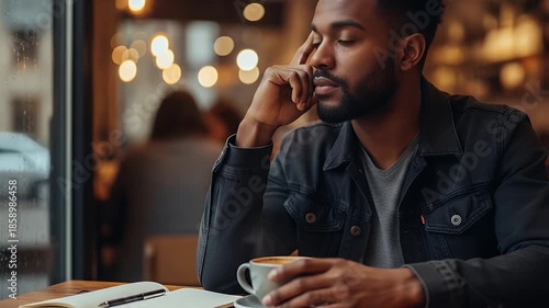 urban cafe moment: man on phone with coffee and notebook