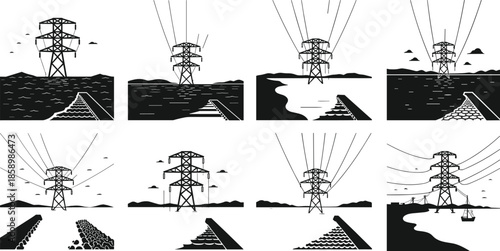 Transmission tower silhouette, power grid, environmental terrain, electricity infrastructure, birds flying, water scene, road landscape, vector illustration, industrial design, nature contrast