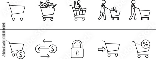 Retail Shopping Cart Icon Set Featuring Grocery Trolleys, Customer Figures, Discount Symbols, and Secure Payment Icons, CAD Drawing Flat Vector Illustration