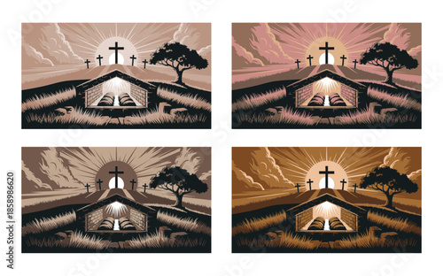 A sepia toned sunrise illuminates crosses on a hill above a peaceful manger scene with a baby