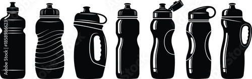 Reusable Sport Water Bottle Silhouette Set for Fitness and Gym Hydration Design, CAD Drawing Flat Vector Illustration, Black Plastic Flasks