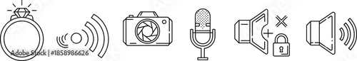 Ring, Wireless Signal, Camera, Microphone, Mute and Volume Control Icon Set for Modern Technology Interface, CAD Drawing Flat Vector Illustration