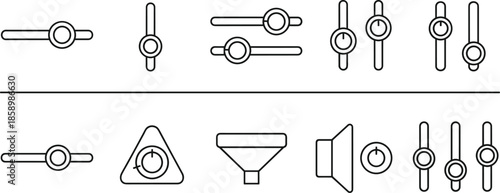 Set of CAD Drawing Flat Vector Illustration Icons Featuring Audio Sliders Volume Controls Equalizer Faders Filter Funnels and User Interface Settings