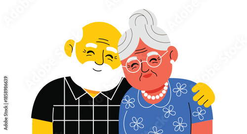 Happy elderly couple smiling portrait vector illustration. Senior man and woman hugging with love. Grandparents close-up character design in flat cartoon style.