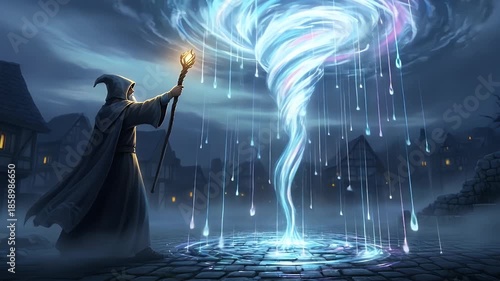 wizard conjures water vortex in magical night town