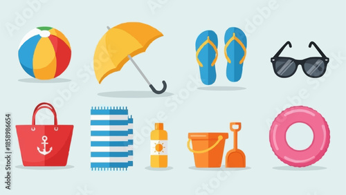 Collection of beach vacation accessories and items for summer fun.