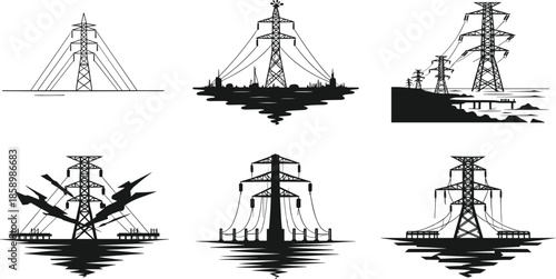 Transmission tower silhouette, power lines, landscape background, electricity infrastructure, birds flying, water reflection, vector illustration, environmental contrast, energy grid, black shape