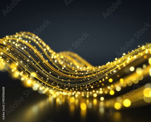 Abstract golden flowing lines with bokeh effects on dark background