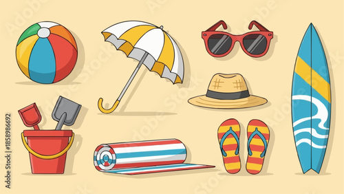 Collection of Beach Vacation Items and Accessories.