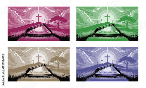 A vivid pink and purple illustration shows an open sarcophagus and crosses on a hill at sunrise