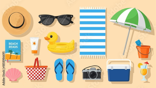 Collection of beach vacation essentials laid out flat.