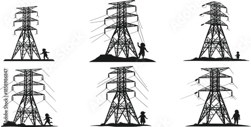 Transmission tower silhouettes, high voltage pylons, human scale, power grid, energy infrastructure, vector illustration, industrial scene, electricity structure, engineering design, urban contrast