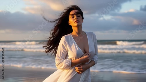 woman in white dress on beach at sunset with ocean breeze