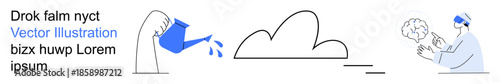 Gardening, nature preservation, brainstorming, environment, abstract thinking, education. Watering a plant, a cloud and a person examining a brain. Gardening and brainstorming creatively
