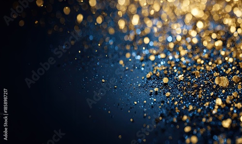 Abstract golden glitter sparkles against a dark blue background