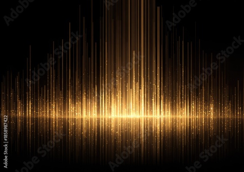 Abstract golden light rays rising from a reflective surface against a dark background