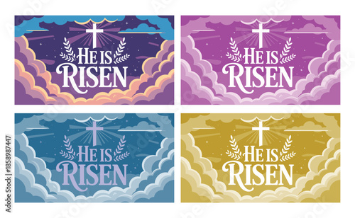 Heavenly clouds frame a radiant cross and laurel wreath celebrating the Easter resurrection message