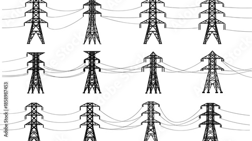 Transmission towers, electrical pylons, power grid, high voltage lines, energy infrastructure, utility structures, electricity network, industrial design, overhead cables, engineering