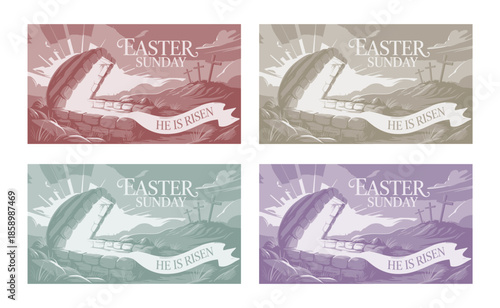 Illustrated open empty tomb with light shining out and crosses on a distant hill