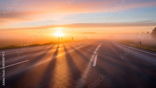 Scenic sunrise over empty highway with misty landscape