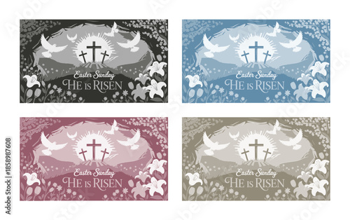 Monochromatic Easter Sunday Illustrations Depict Three Crosses, Doves, and Lilies Symbolizing Resurrection