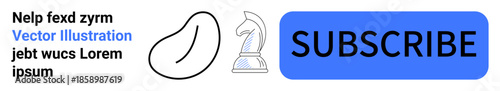 Digital marketing, call to action, strategy planning, web UI, e-commerce, branding. Chess knight icon, blob shape and blue subscribe button in minimalistic style. Call to action and digital