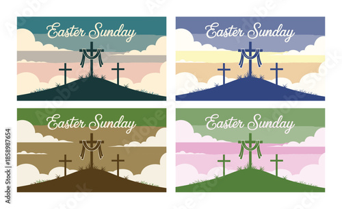 Multiple color variations depict three crosses on a hill, celebrating Easter Sunday with scripture