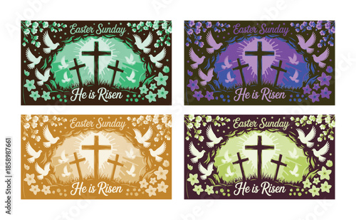 Multiple Colorful Illustrations Celebrate Easter Sunday with Crosses, Doves, and the Message He is Risen