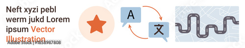 Language learning, travel navigation, user reviews, translation services, map guidance, star ratings. Visuals show a star, translation arrows with text and a winding path map. Language learning