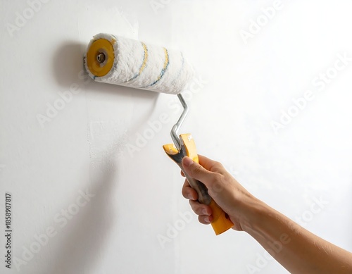 Close-up of a hand applying paint with a roller on a white wall