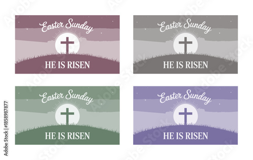 Serene Easter Sunday illustration showing a cross on a hill with a glowing moon