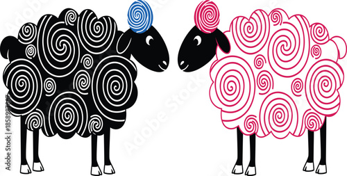 Two cute stylized sheep characters with unique spiral wool patterns in black and pink colors isolated on white background for creative design projects.