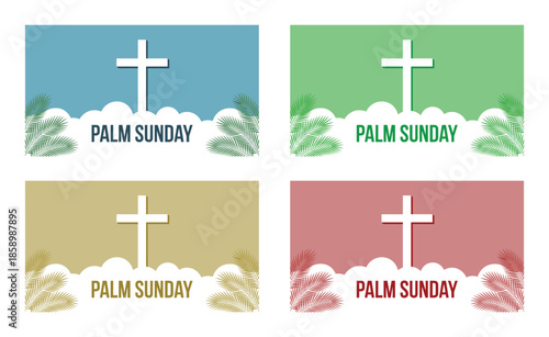 Set of four serene Palm Sunday banners with a white cross on clouds and elegant palm fronds