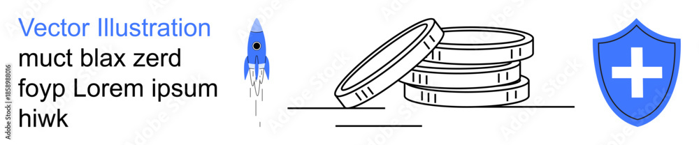 Fototapeta premium Financial planning, healthcare services, investment strategies, startup funding, safety, conceptual protection. Stack of coins, rocket and shield with cross. Financial planning and protection