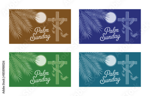 Various Palm Sunday themed illustrations displaying crosses wrapped in fabric with palm branches and a bright celestial sphere