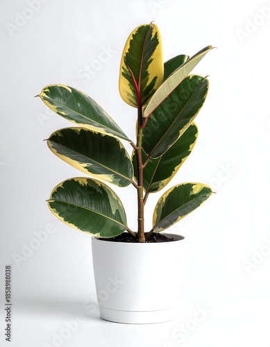 Close-up of a potted variegated rubber plant on a plain white backdrop