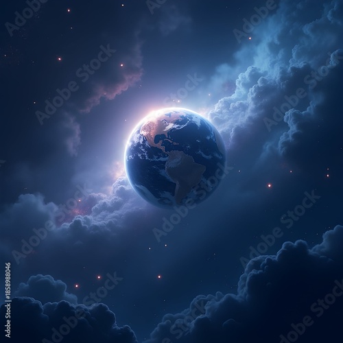 AI generative. Cinematic View of Earth-like Planet Floating Above Deep Blue Clouds in Space. 2
