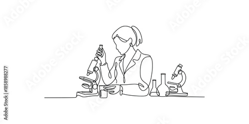 Continuous one line drawing of a female scientist using a microscope, Woman researcher in a laboratory conducting scientific research vector illustration.