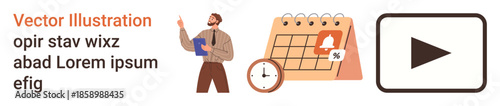 Time management, productivity tools, scheduling apps, business planning, project deadlines, communication reminders. A person points to a clipboard near a calendar icon with clock and play button