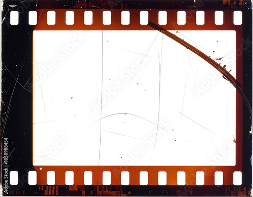Close-up of filmstrip with imperfections and light leaks
