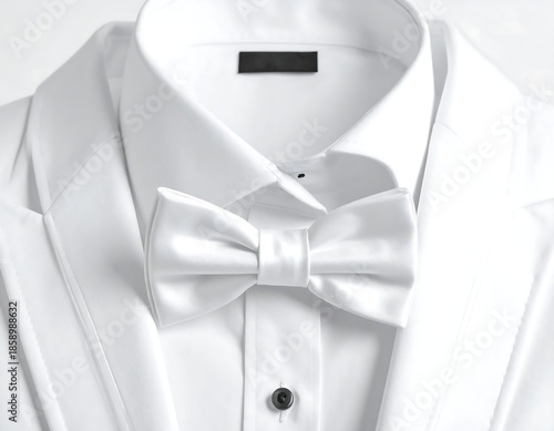 Close-up of formal white attire tuxedo jacket, bow tie, shirt