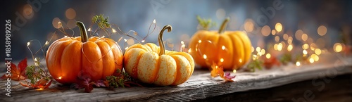 Ultra wide autumn seasonal background pumpkins on wooden surface warm fairy lights rustic fall atmosphere shallow depth of field cozy harvest mood premium stock photography style
