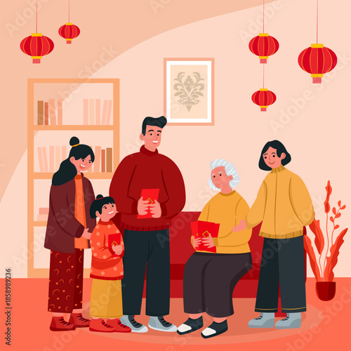 Happy Asian family with grandparents and children celebrating Lunar New Year together at home, exchanging red envelopes (Hongbao). Warm flat vector illustration of traditional holiday.
