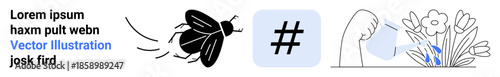 Bee hovering mid-flight, metadata tag icon, and hand watering blooming flowers with blue water. Ideal for nature, gardening, social media, connection, pollination, sustainability simple landing page